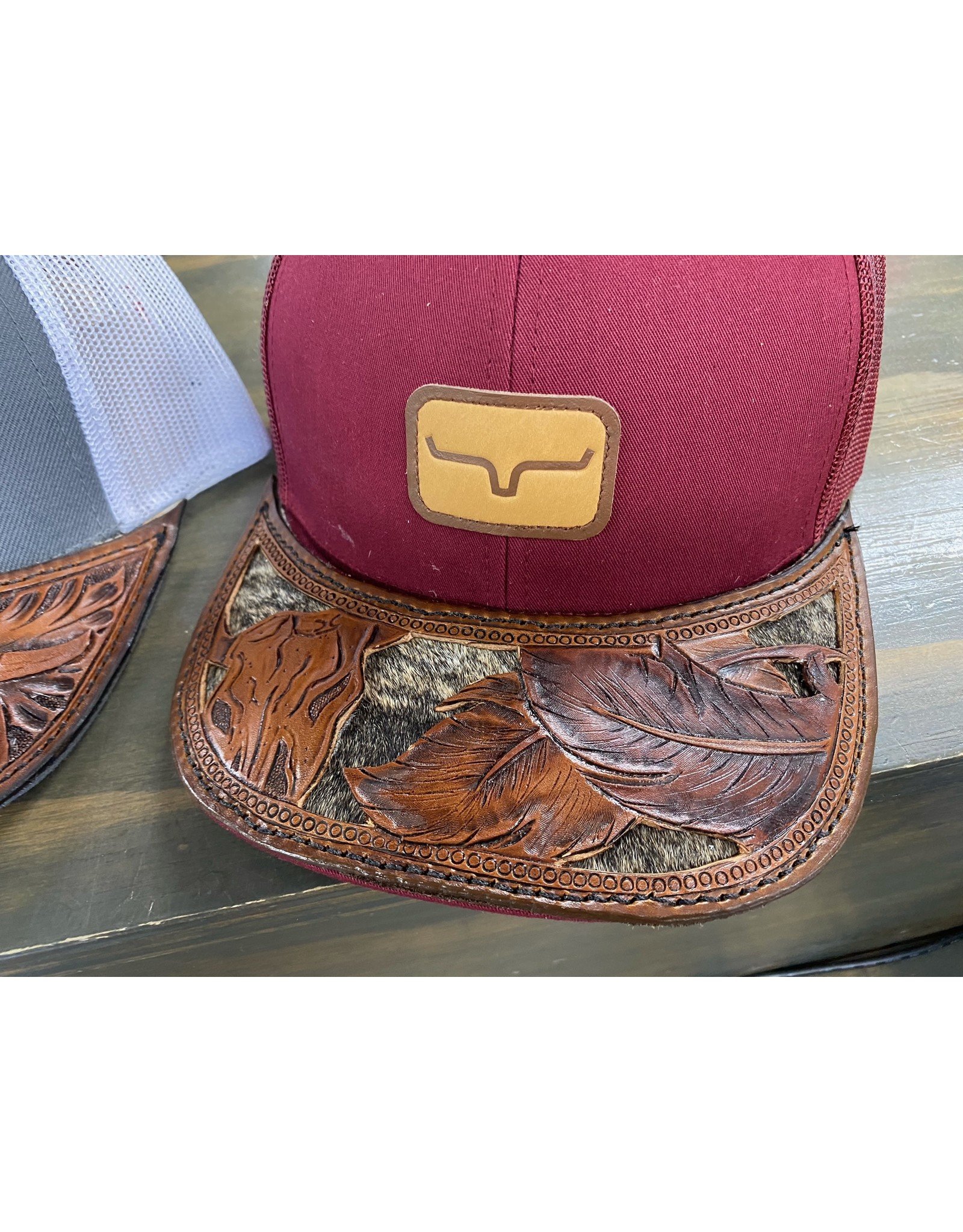 CCL Custom Hairon Feather Tooled Kimes Ranch Snapshot Burgundy Leather Patch Trucker Cap