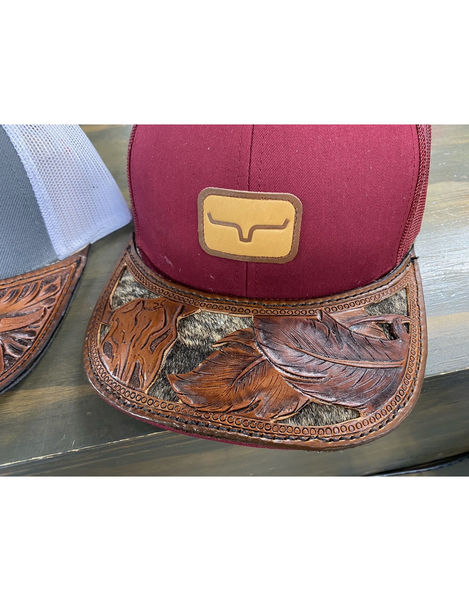 Chase Combs Leather CCL Custom Hairon Feather Tooled Kimes Ranch Snapshot Burgundy Leather Patch Trucker Cap