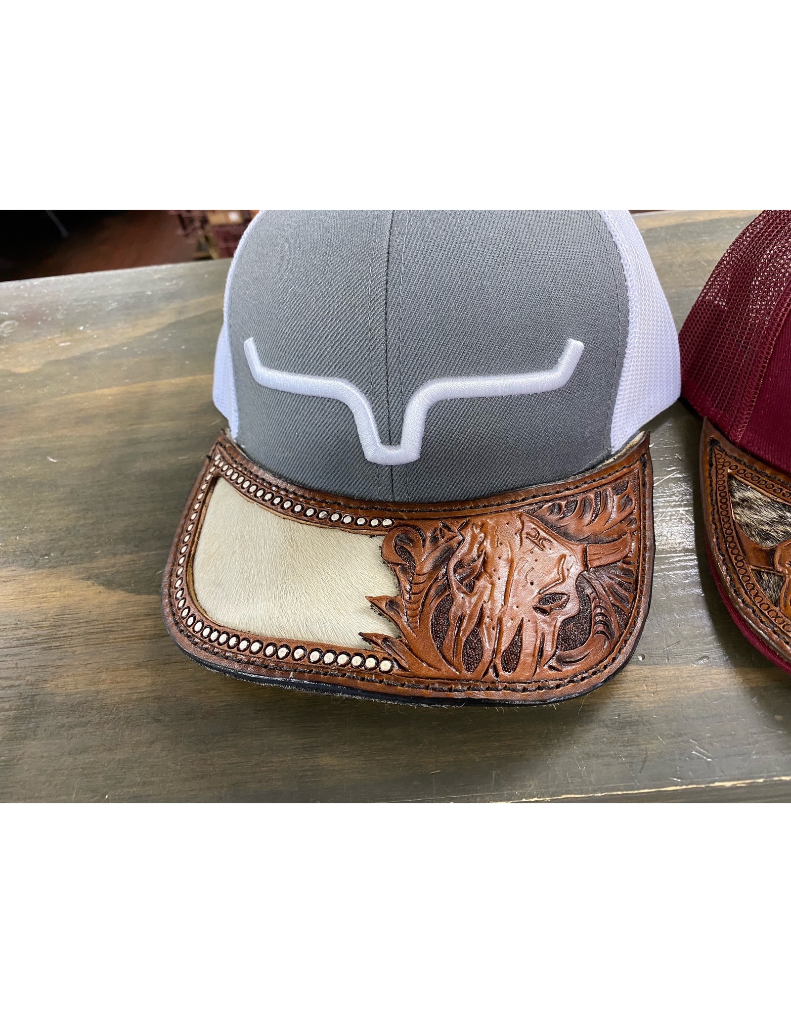 Chase Combs Leather CCL Custom Hairon Steerhead Tooled Kimes Ranch Charcoal/White Weekly Trucker Cap