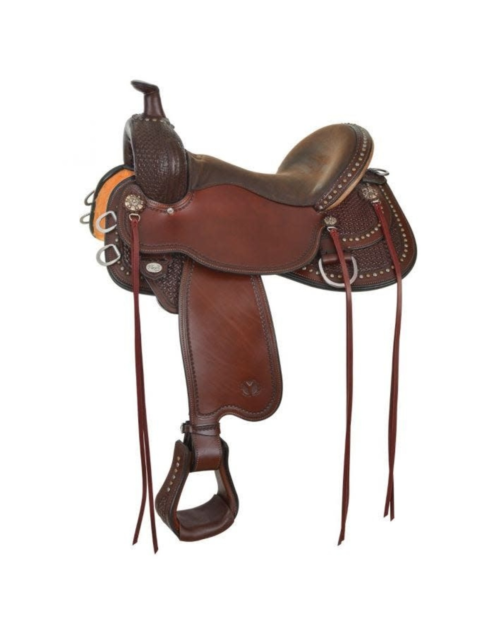 Circle Y Reno Flex 2 16" Seat, Wide Tree  -  Spider/Camo Tooled Walnut 2373-8605-05 Trail Saddle