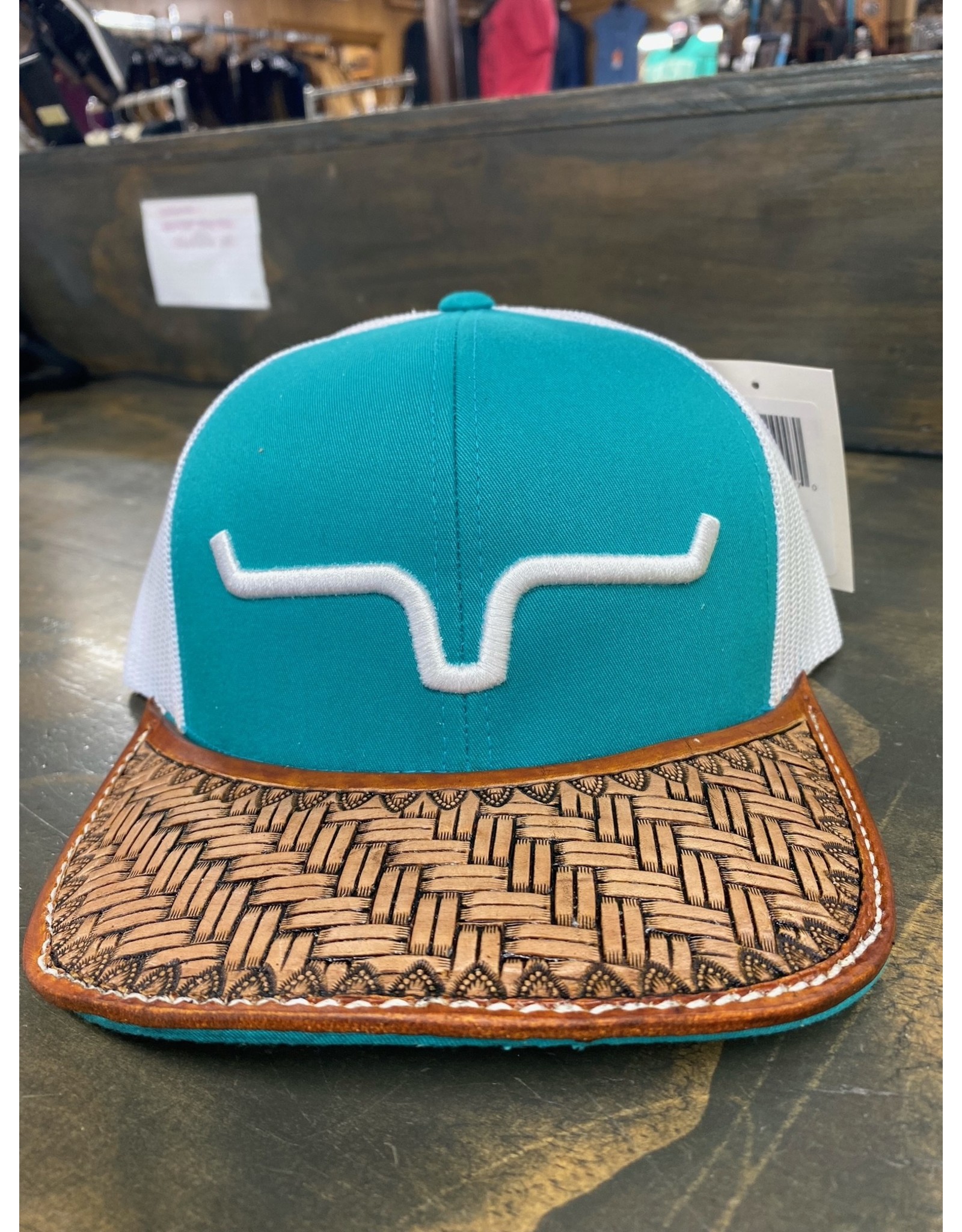Chase Combs Leather Kimes Teal Trucker with Basketweave Brim