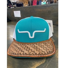 Chase Combs Leather Kimes Teal Trucker with Basketweave Brim