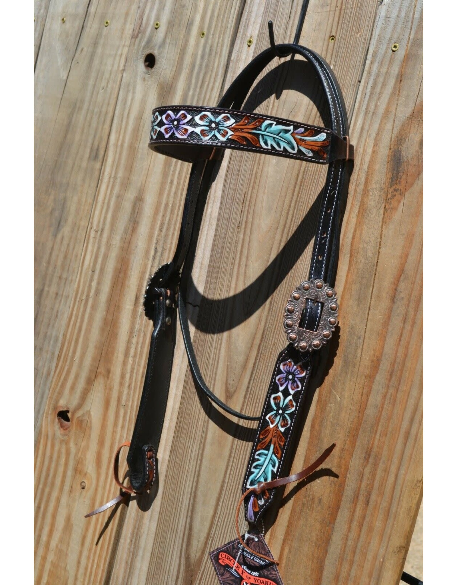 Circle Y Teal/Purple Floral Painted Browband Headstall X0128-100V