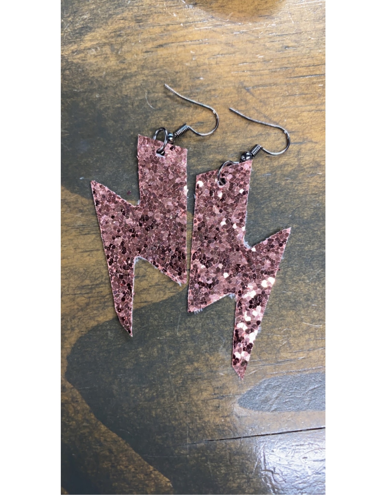 Twisted Feather Rose Gold Sequin Lightning Bolt Leather Earrings
