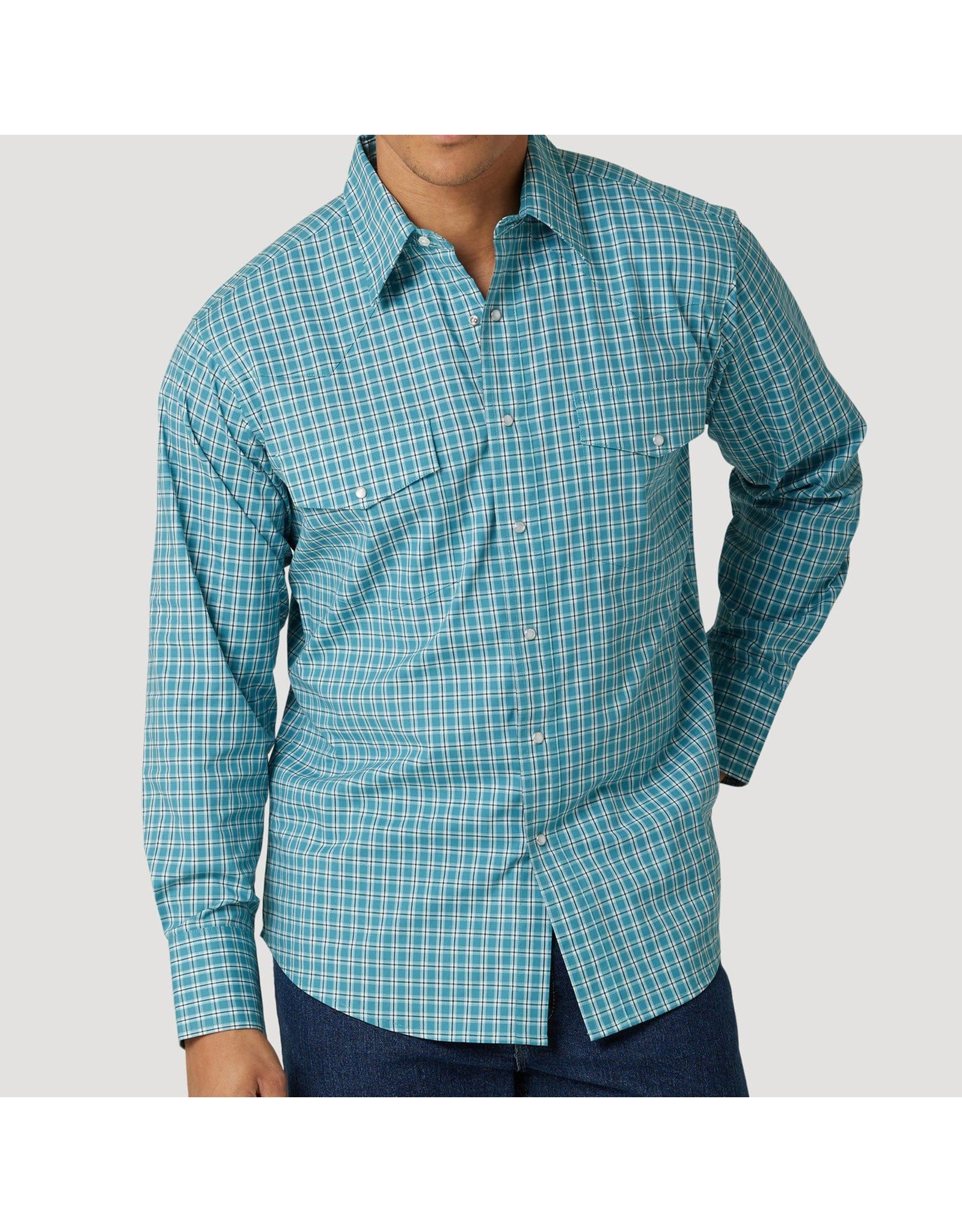 Wrangler Men's Long Sleeve 112317089 Teal Plaid Wrinkle Resistant Shirt