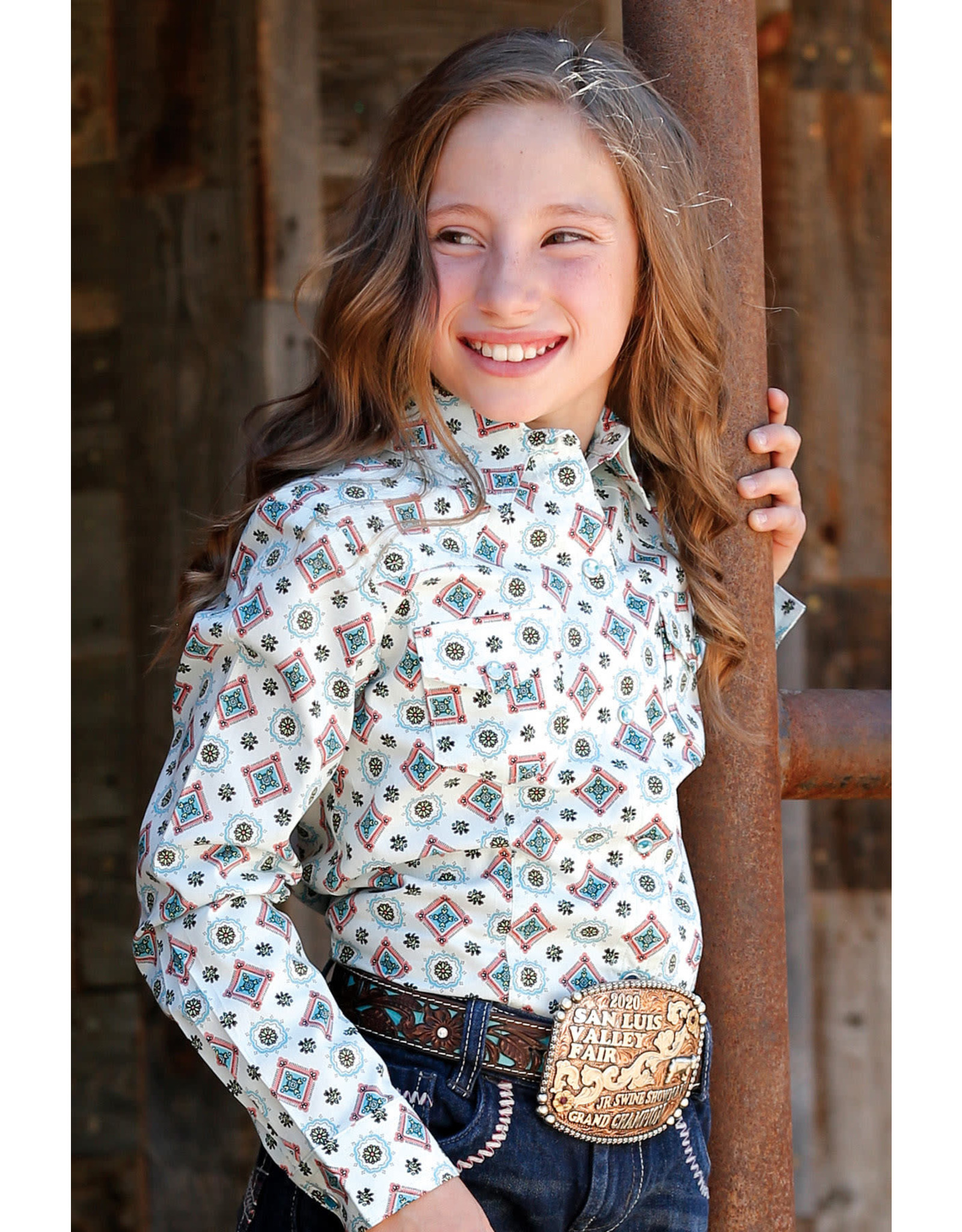 Cruel Cruel Girl Kid’s Light Blue Squash Blossom Pattern Long Sleeve CTW3230035 Western Shirt