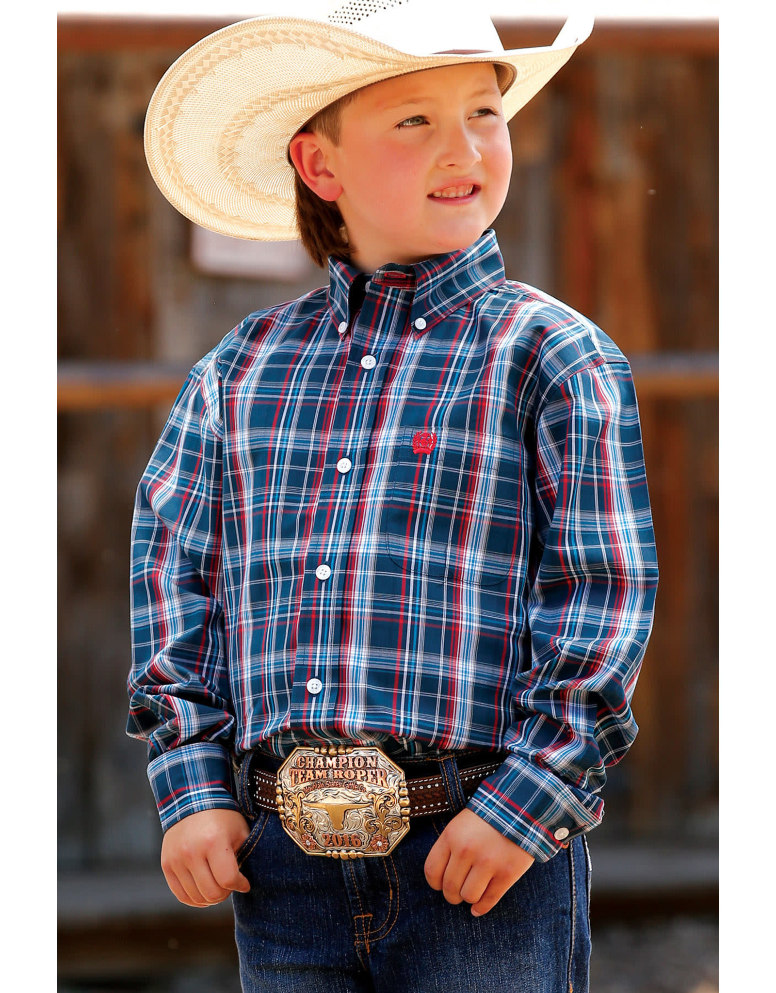 Cinch Cinch Boys Red/White/Blue Plaid Long Sleeve Shirt MTW7060283