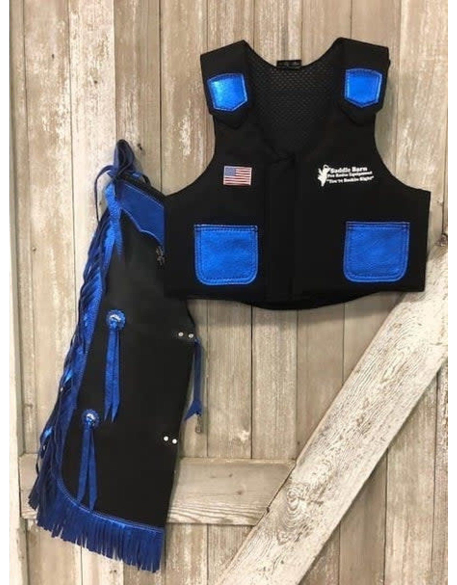 Saddle Barn Mutton Busting Chap/Vest Set Blue Metallic 27-54