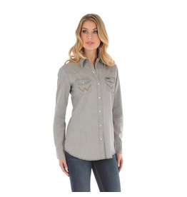 Wrangler Ladies LW3961D Pearl Snap Grey Denim Long Sleeve Shirt