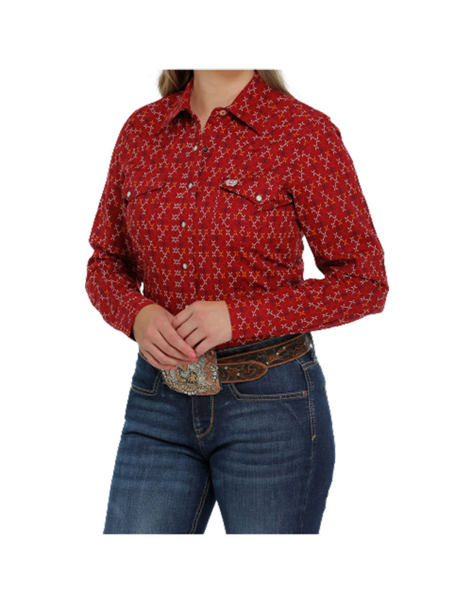 Cinch Ladies Long Sleeve Pearl Snap Geo Pattern Shirt MSW9201036 Red ...