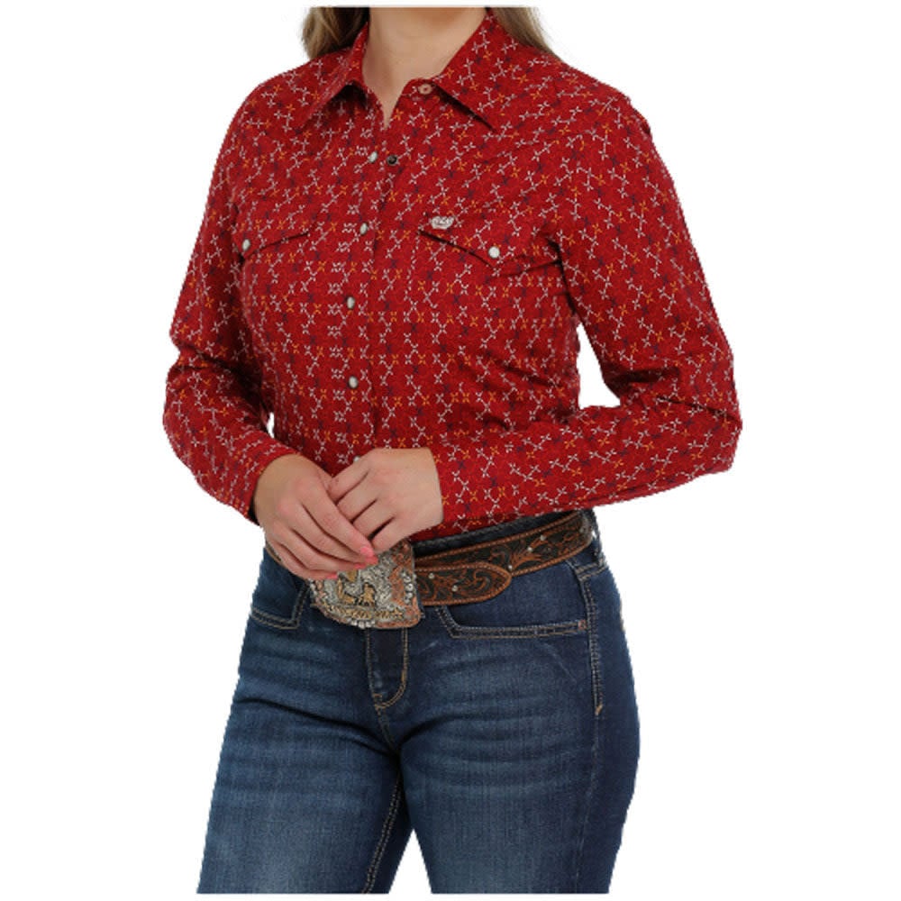 Cinch Ladies Long Sleeve Pearl Snap Geo Pattern Shirt MSW9201036 Red ...