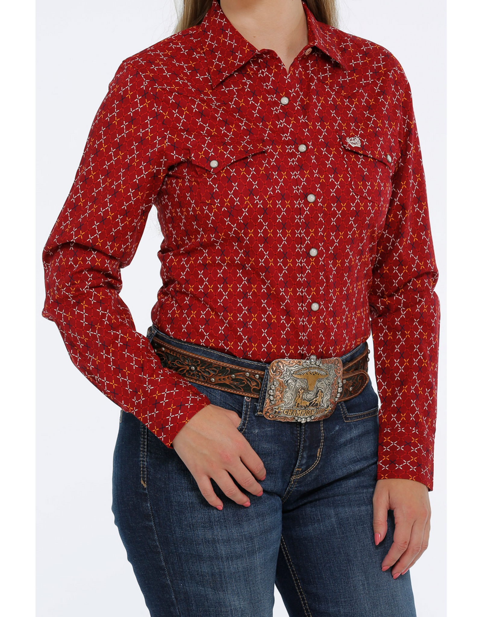 Cinch Ladies Long Sleeve Pearl Snap Geo Pattern Shirt MSW9201036 Red