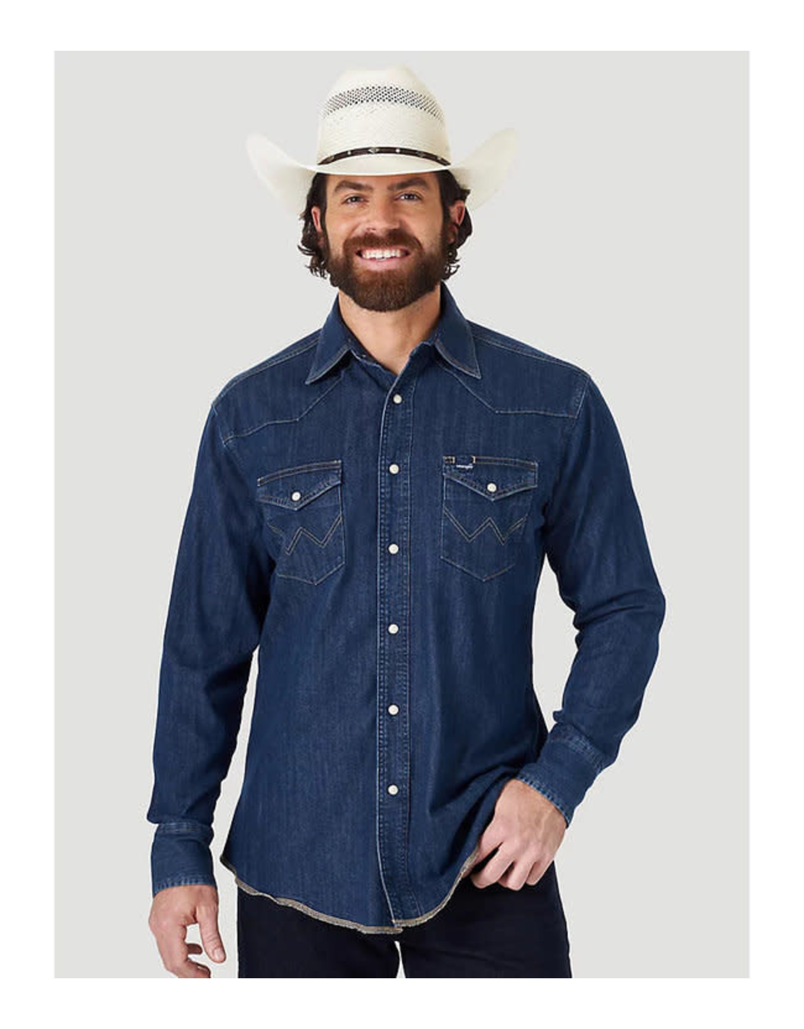 Wrangler Men's Dark Wash Denim Frayed Hem MS1041D Long Sleeve Shirt
