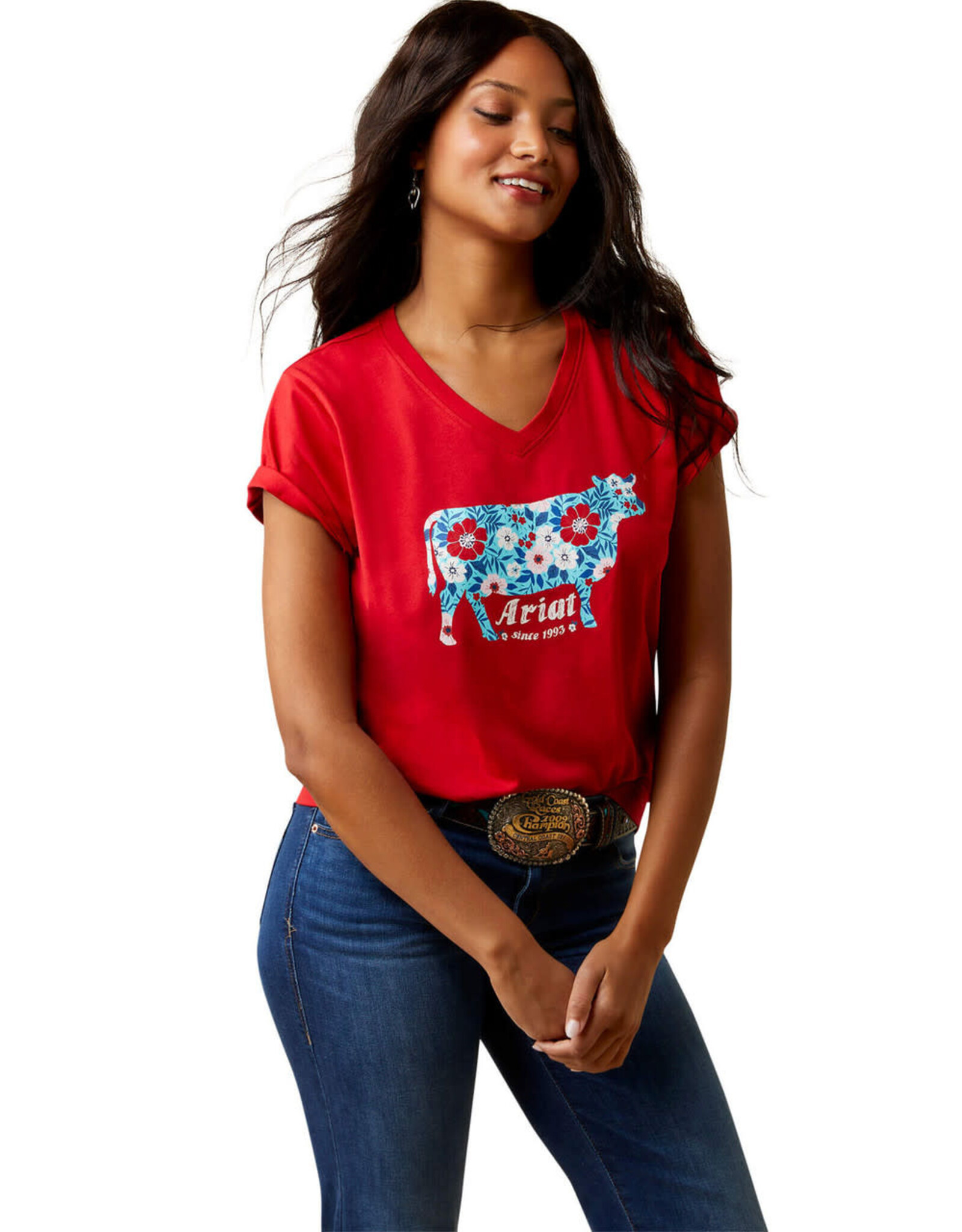 Ariat Ariat Ladies Flower Cow 10045086 Equestrian Red T-Shirt