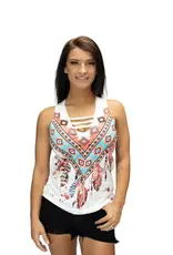 Liberty Wear Ladies Geometric Feathers Coral/Turquoise 7507 Tank Top