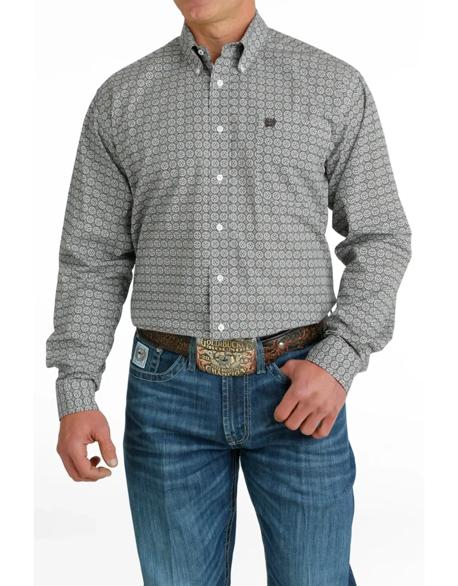 Cinch Mens Classic Fit Gray Print MTW1105647 WHT Long Sleeve Button Up Western Shirt