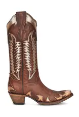 Circle G Ladies Cognac Overlay with Embroidery and Studs L2042 Snip Toe Boots