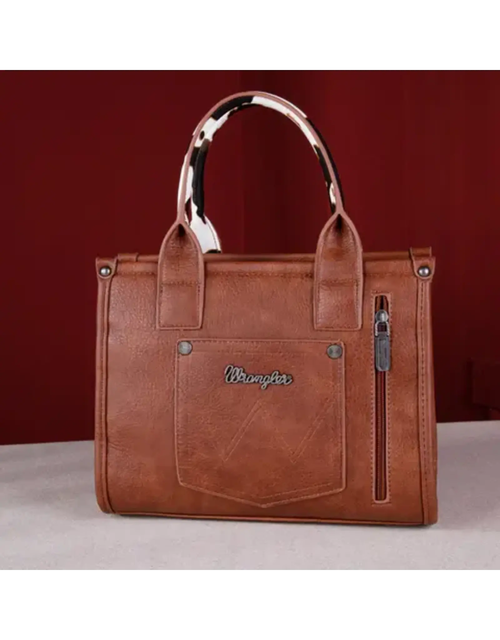 Wrangler Wrangler Concealed Carry Leather/Cow Print Tote Bag - Brown WG102-8120SBR