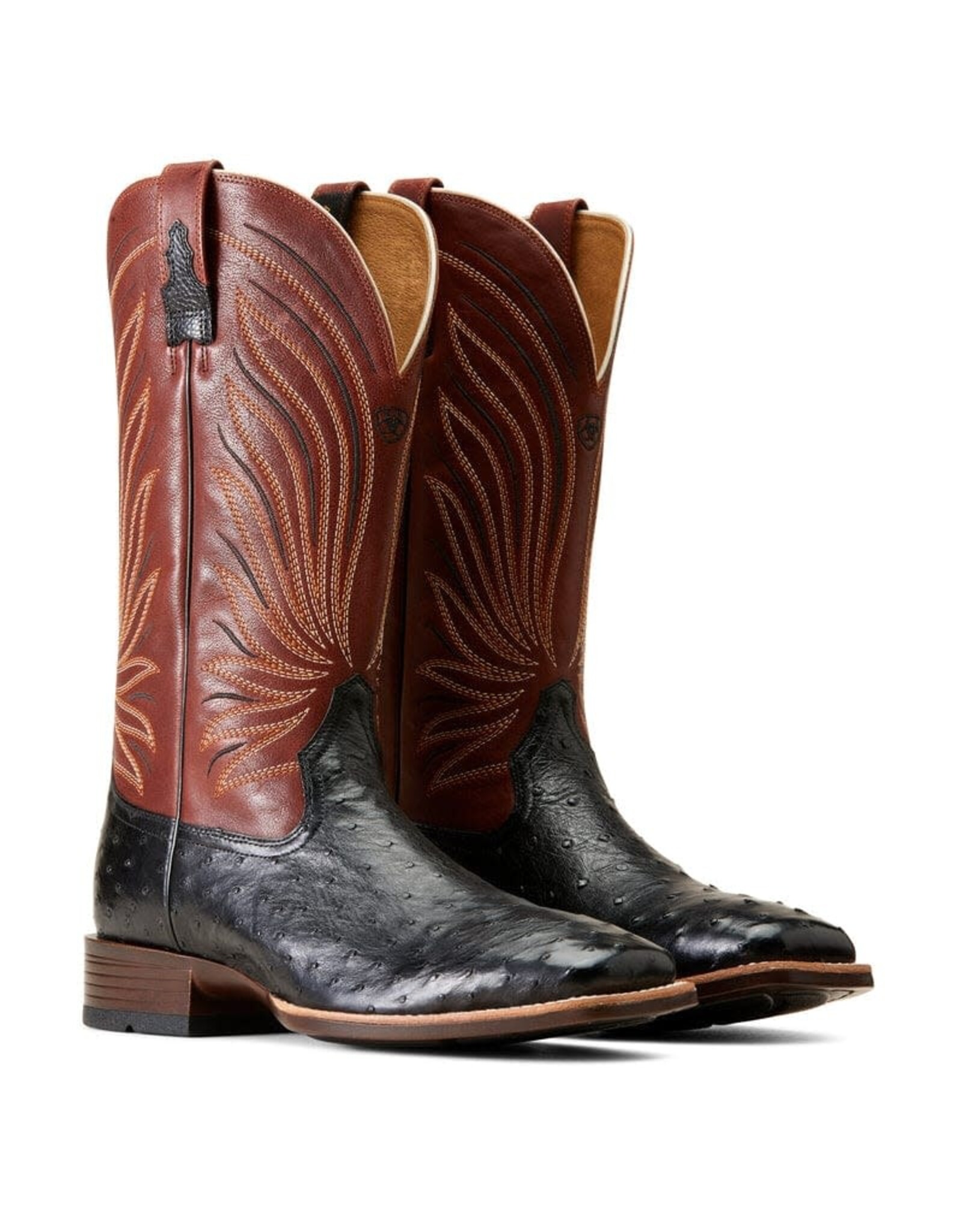 Ariat Ariat Mens Brandin Ultra Jet Black Full Quill Ostrich/Roasted Chestnut 10046962 Exotic Western Boots