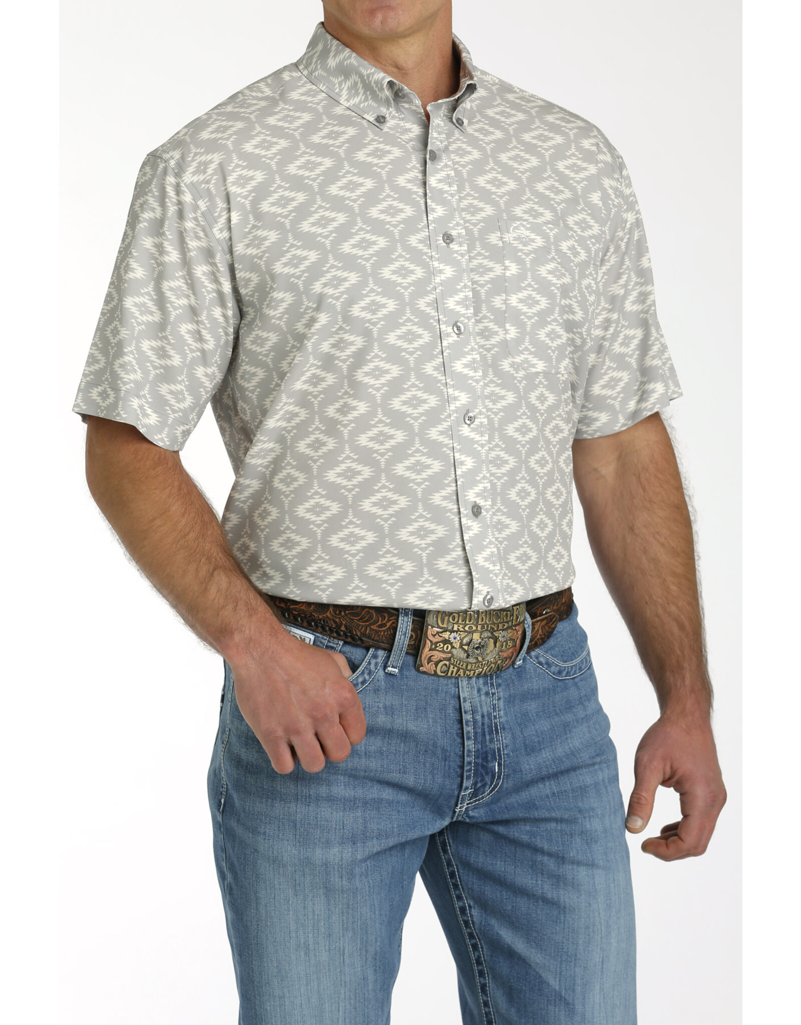 Cinch Men's Dove Grey Aztec MTW1704135 Arena Flex Short Sleeve Shirt