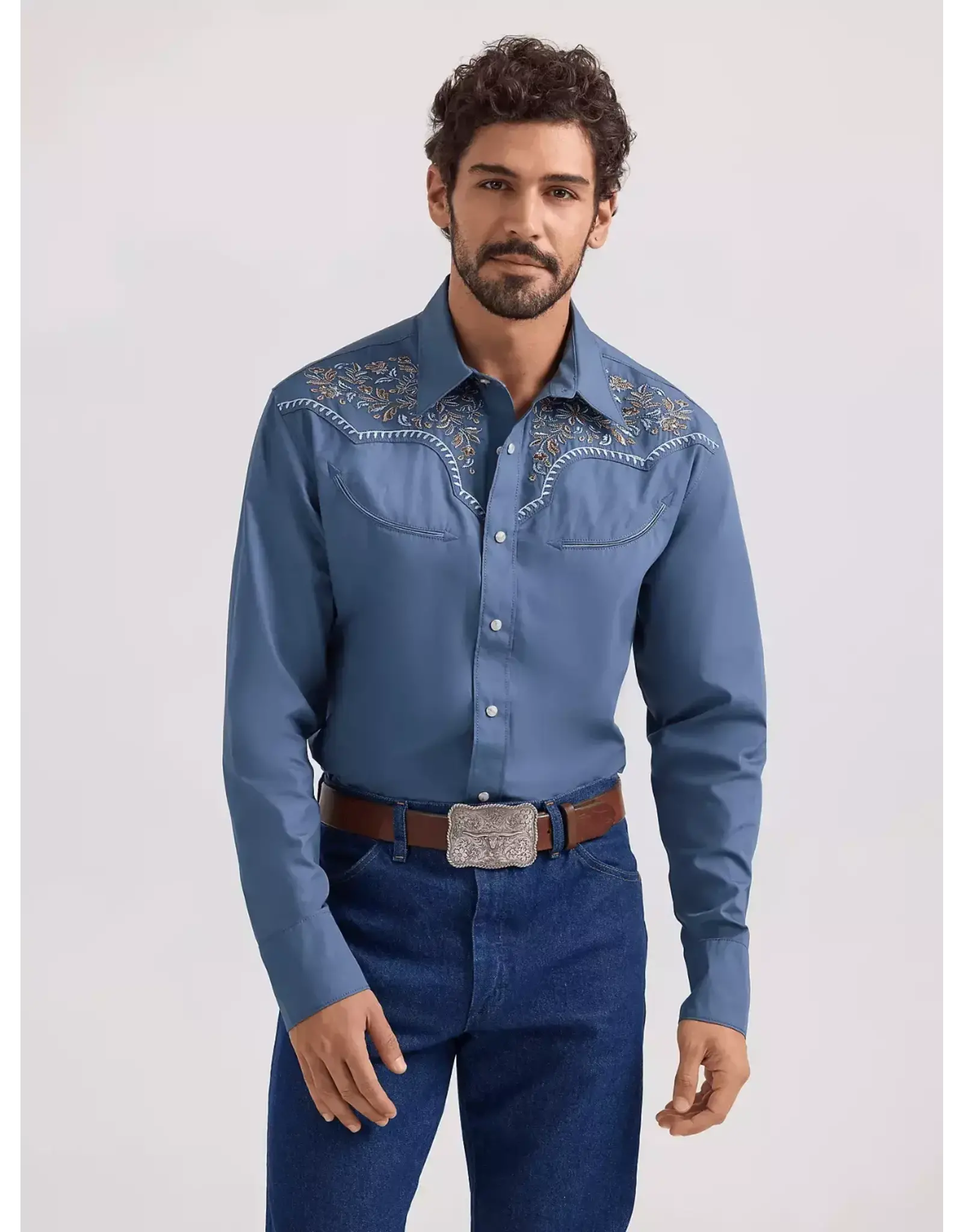 Wrangler Wrangler Mens Rodeo Ben Long Sleeve Pearl Snap Shirt 112360119 Blue