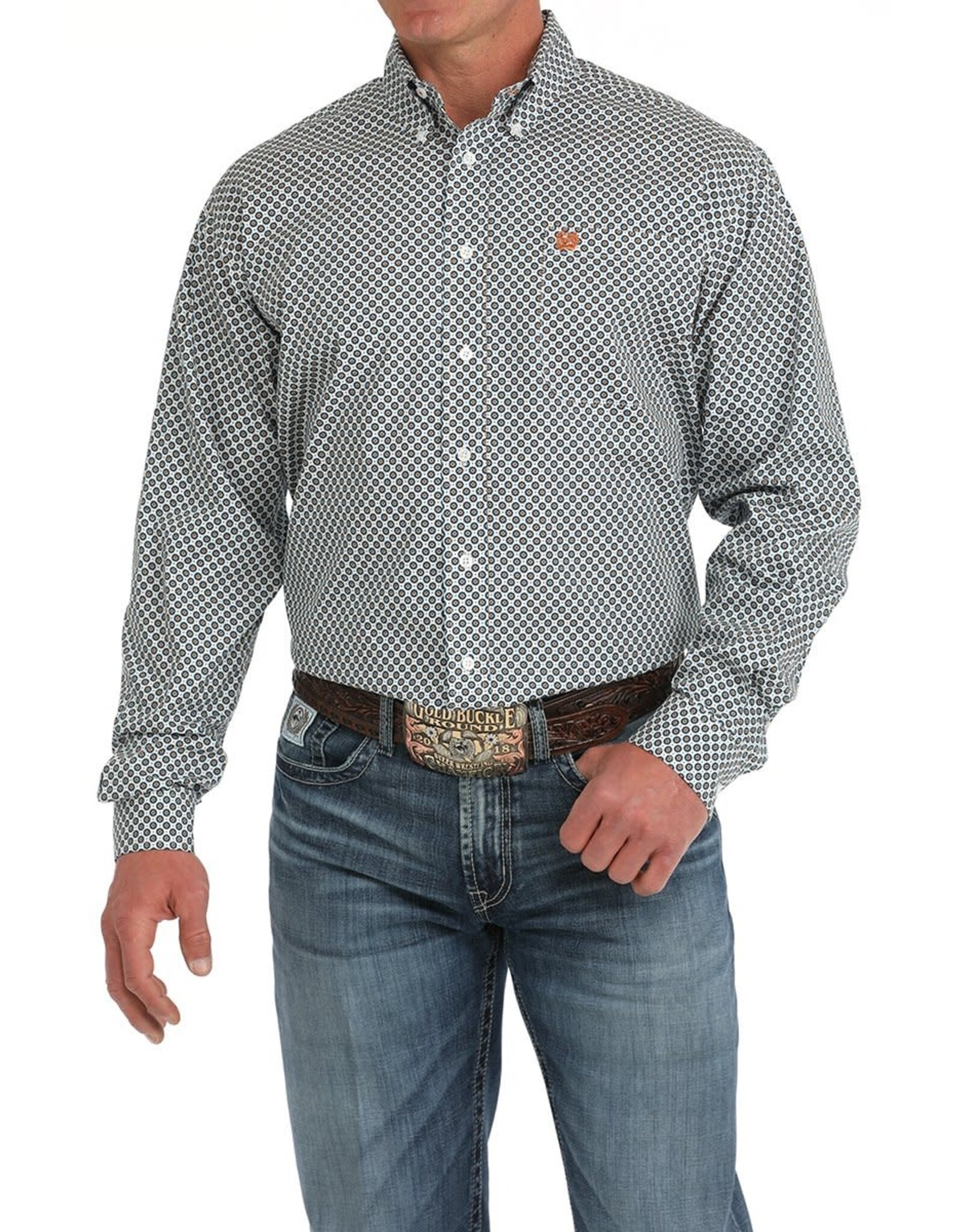 Cinch Cinch Men's Multicolor Geo Print Classic Fit MTW1105885 WHT Long Sleeve Button Up Shirt