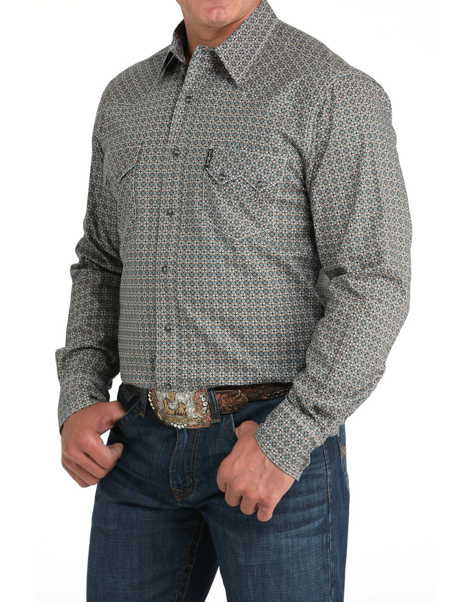 Cinch Cinch Men's Multicolor Print Modern Fit MTW1303086 WHT Long Sleeve Pearl Snap Shirt