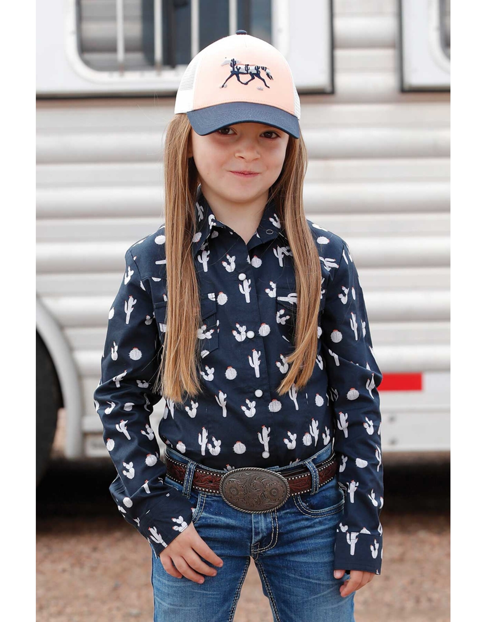 Cruel Cruel Girl Girls Cactus Print Long Sleeve Button Up Western Shirt CTW3230050 NAV