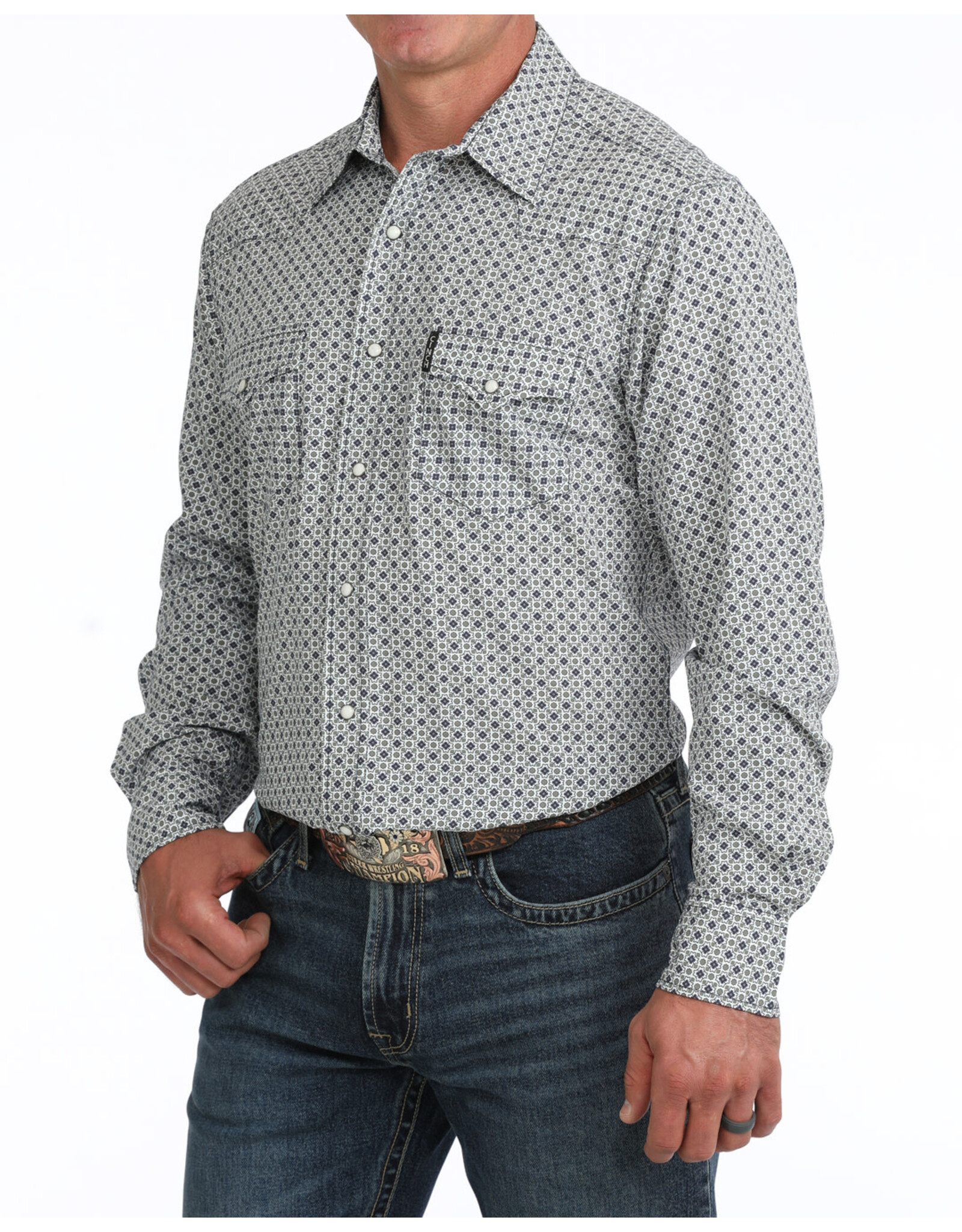 Cinch Mens Modern Fit Print LS Snap Western Shirt MTW1303111 WHT