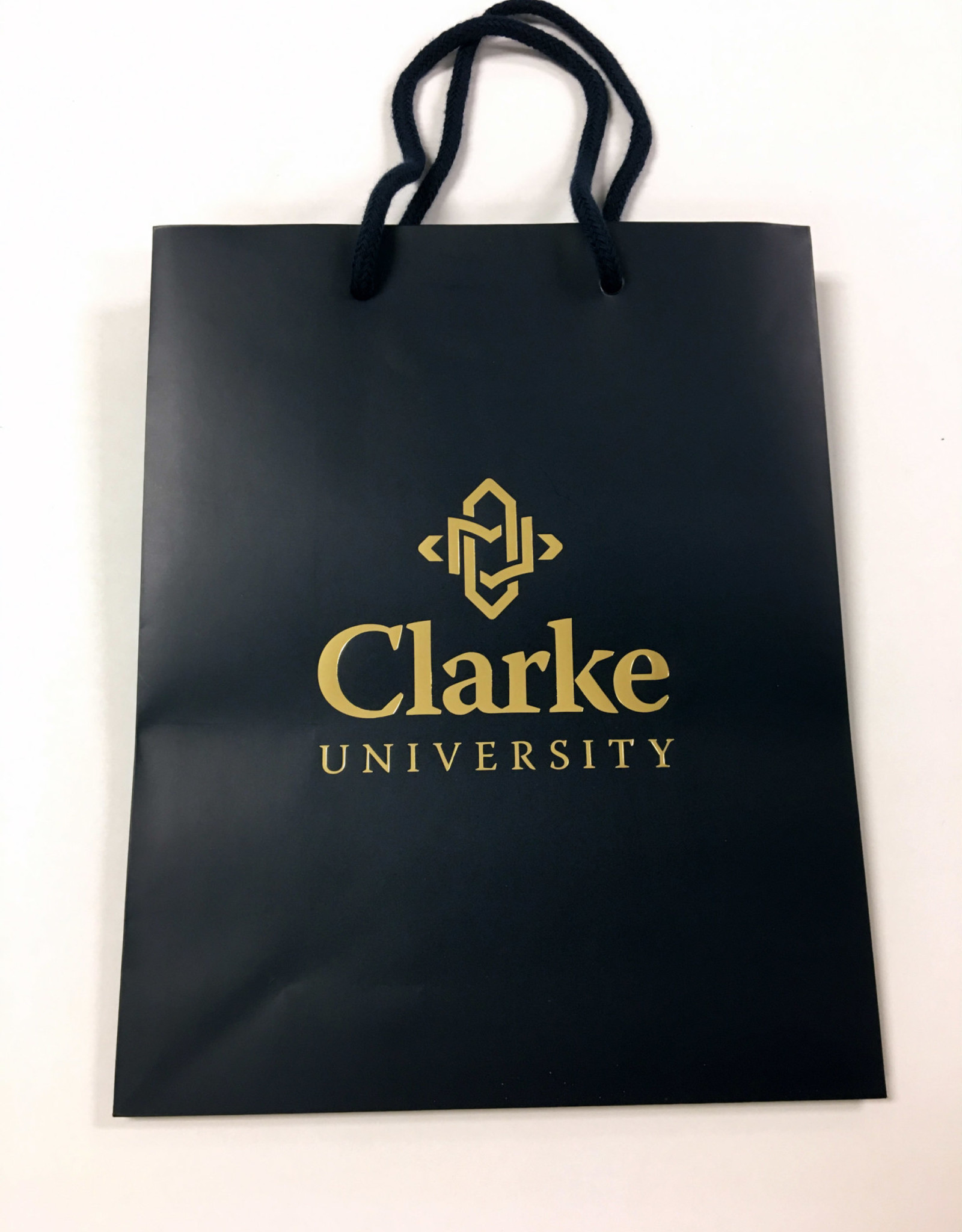 8"x10" Clarke University Gift Bags in Matte Navy with Gold Lettering