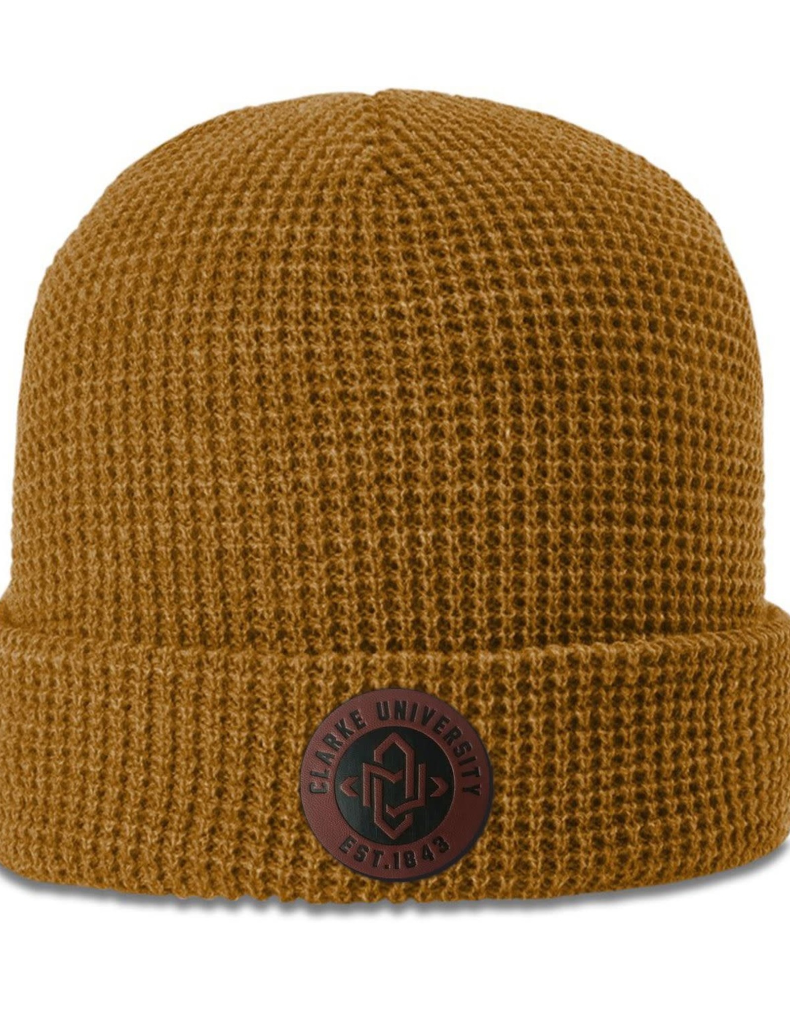 Uscape Camel Waffle Knit Cuff Beanie with Faux Leather Patch