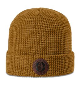 Uscape Camel Waffle Knit Cuff Beanie with Faux Leather Patch