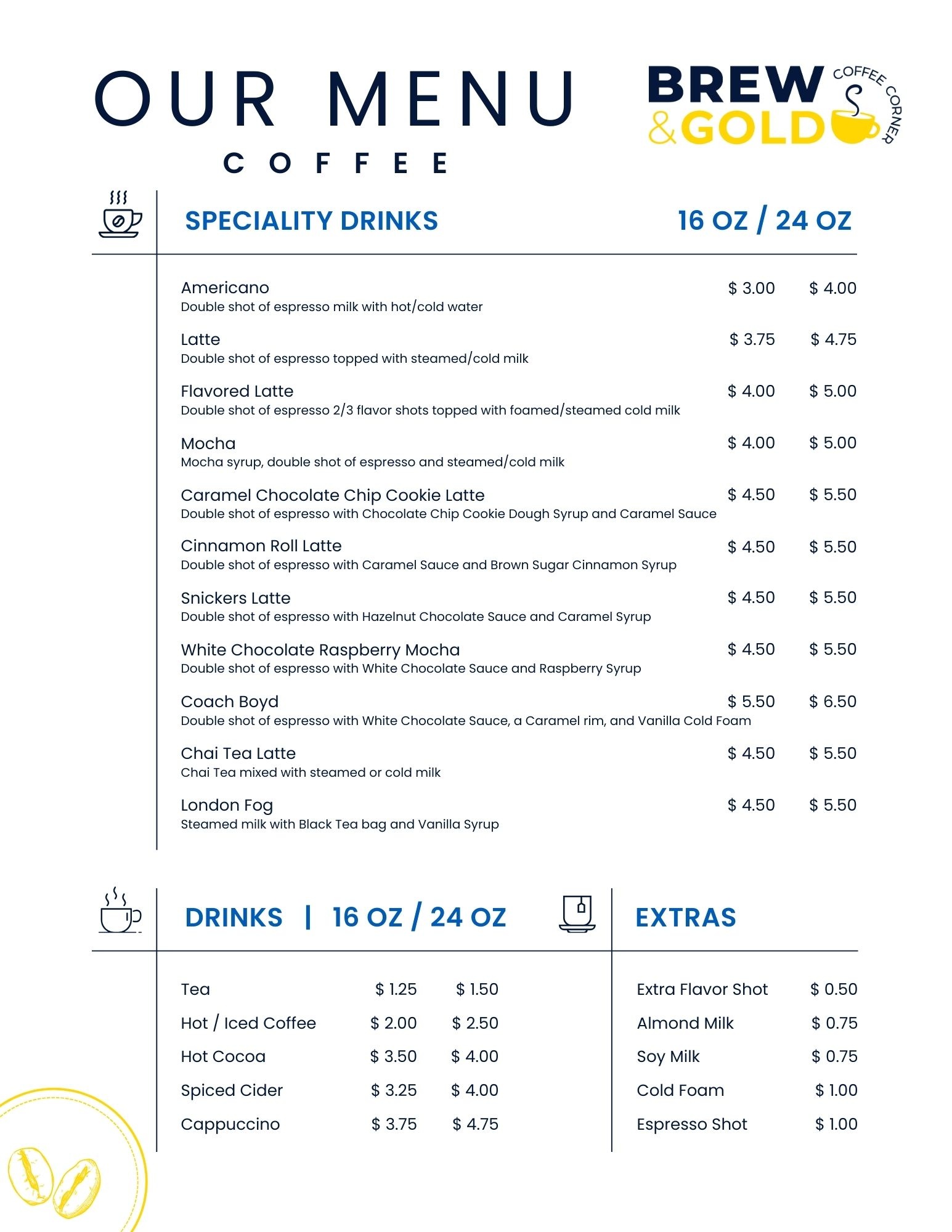 Brew and Gold Menu
