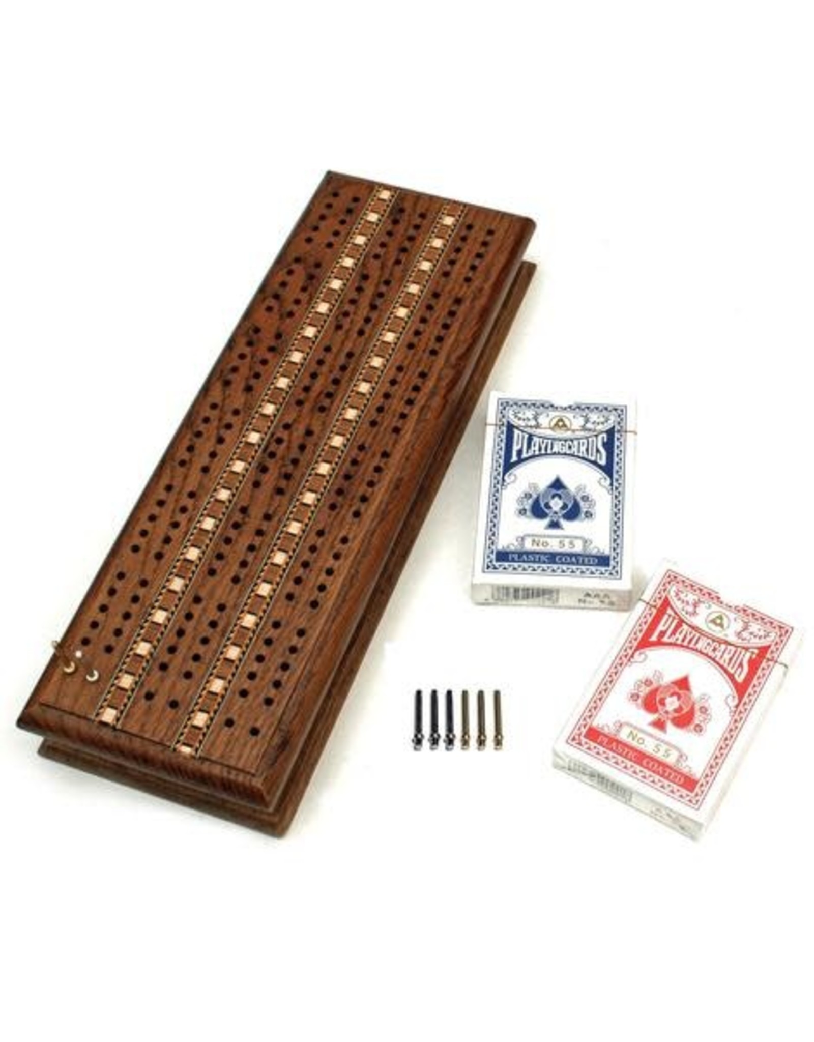 Cribbage Set - Solid Oak Medium Stained Wood with Inlay