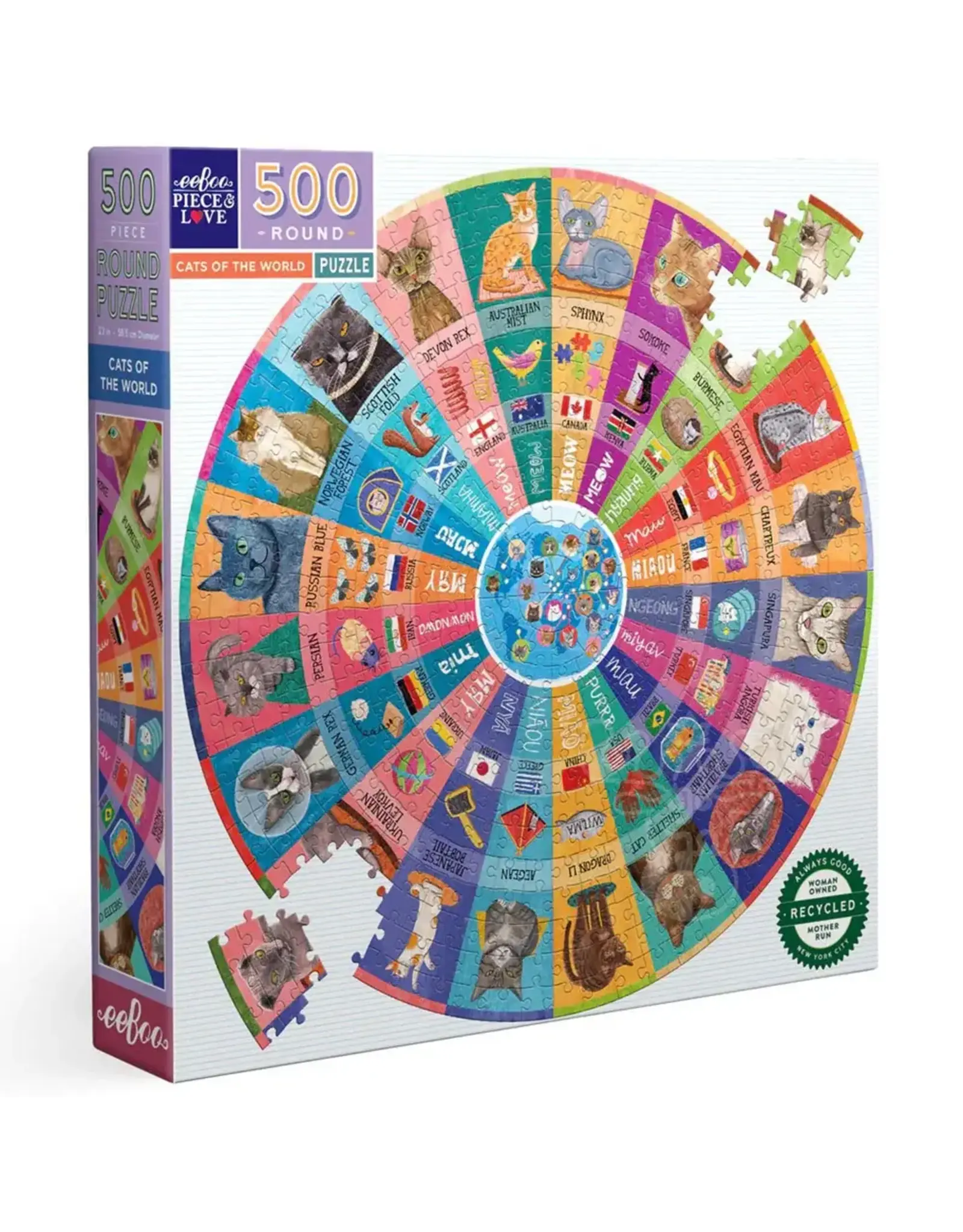 eeBoo Cats of the World 500pc Round Puzzle