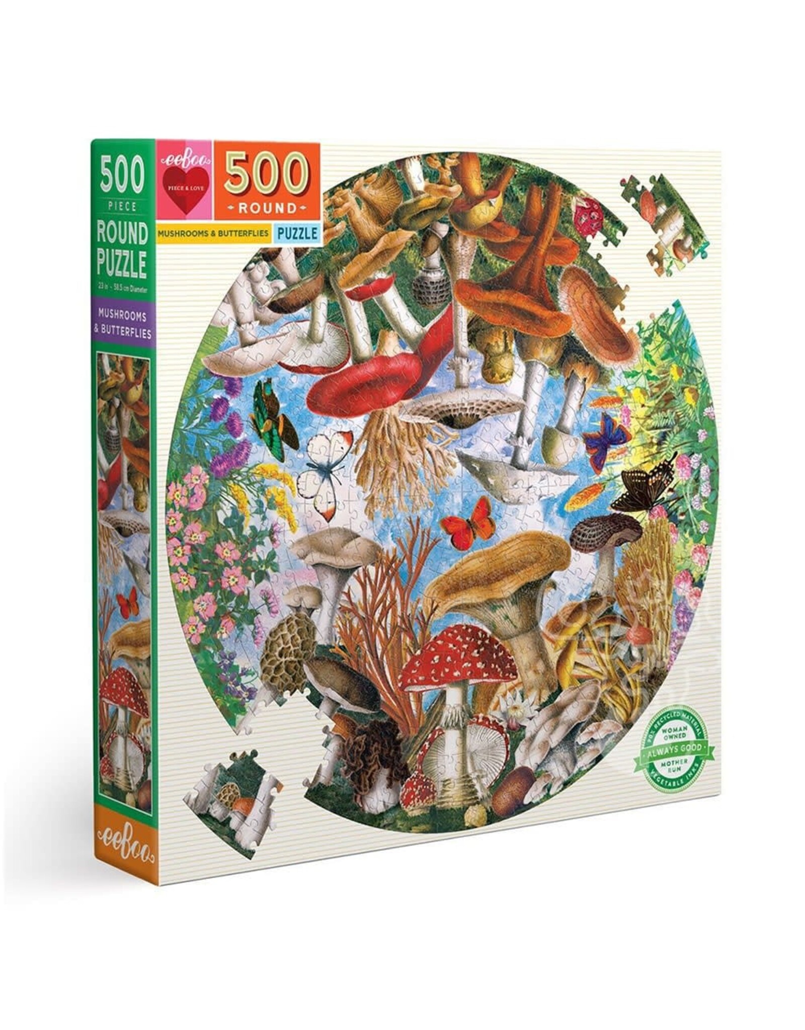 eeBoo Mushrooms and Butterflies 500pc Round Puzzle