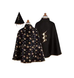 Great Pretenders Reversible Wizard Cape & Hat, Black/Gold, Size 4-6