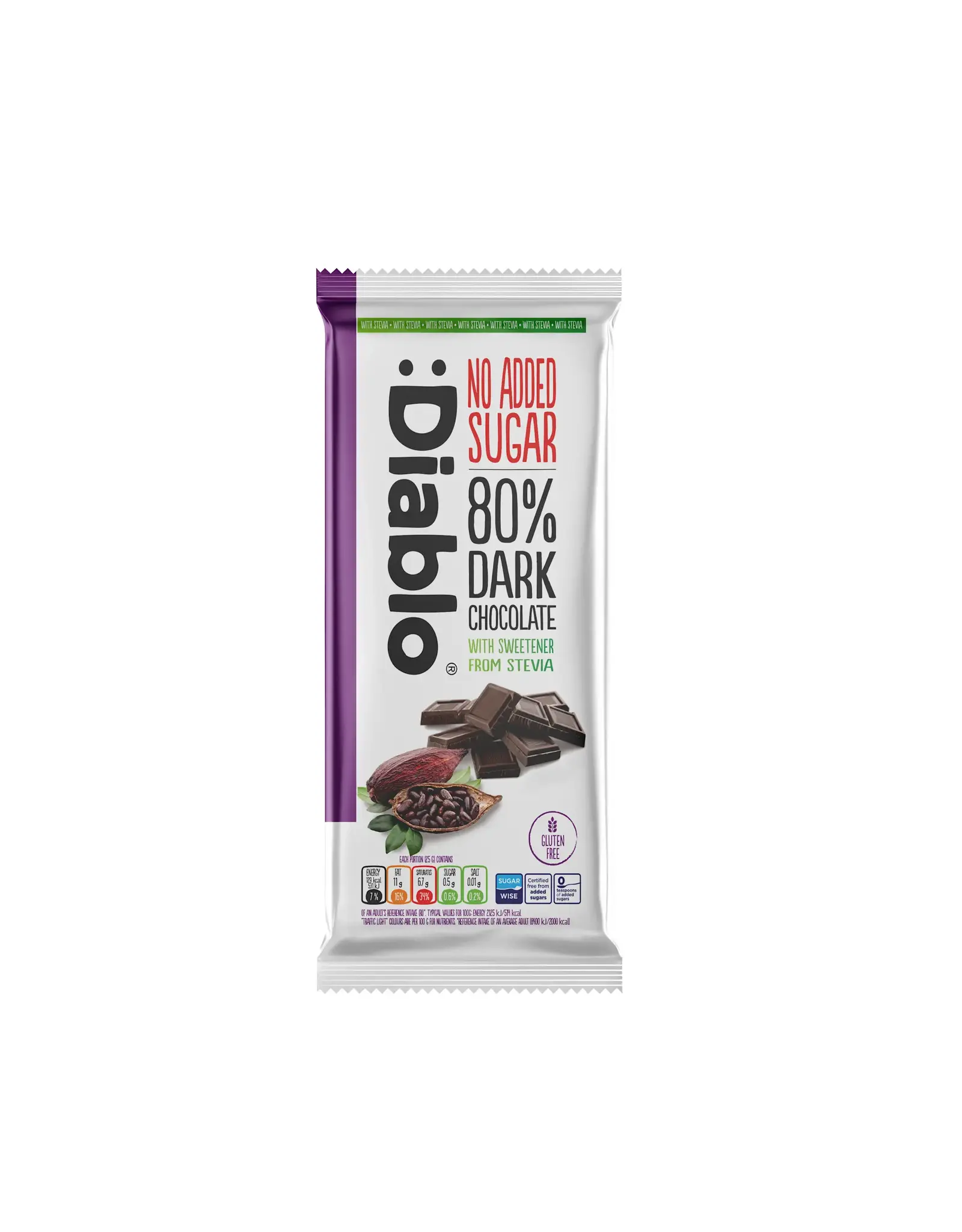 Diablo Diablo Stevia Chocolate Bar - Dark Chocolate 80% 75g (British)