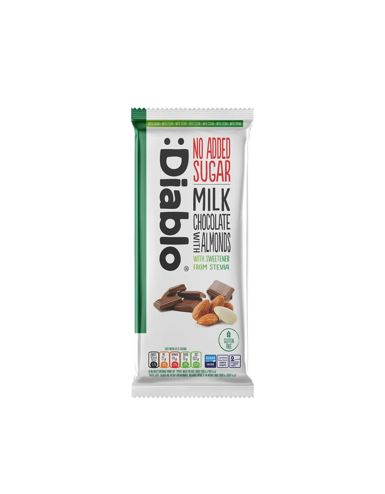 Diablo Diablo Stevia Chocolate Bar - Milk Chocolate with Almond 75g (British)