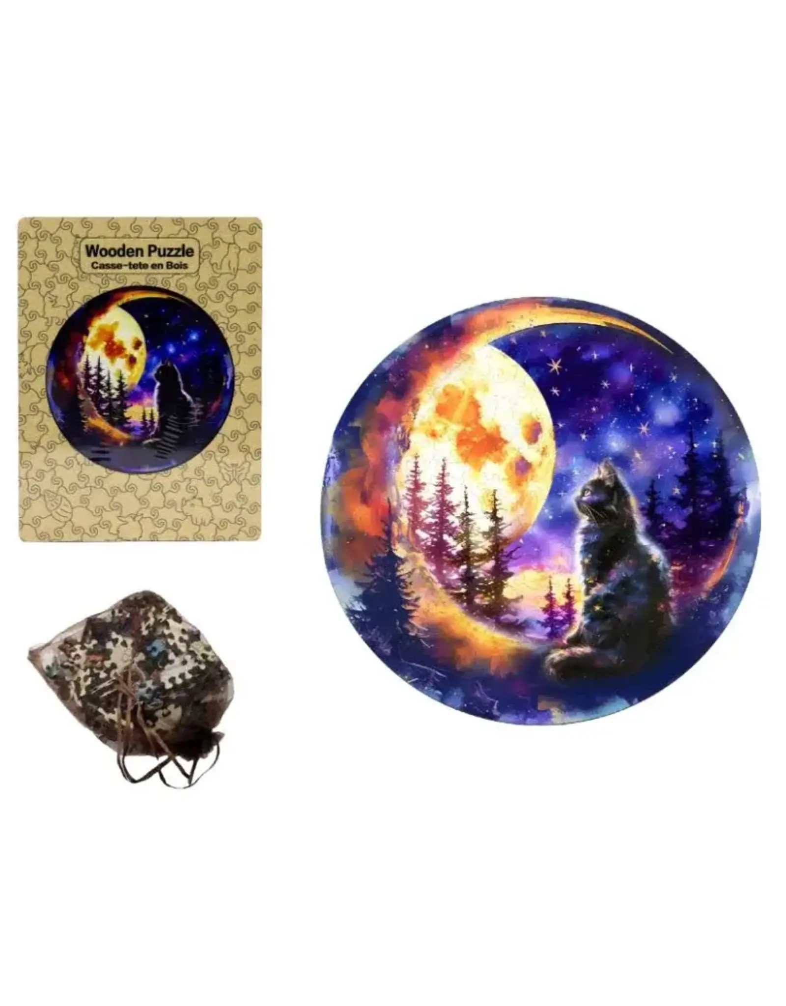 Wooden Round Moon & Cat Puzzle Set
