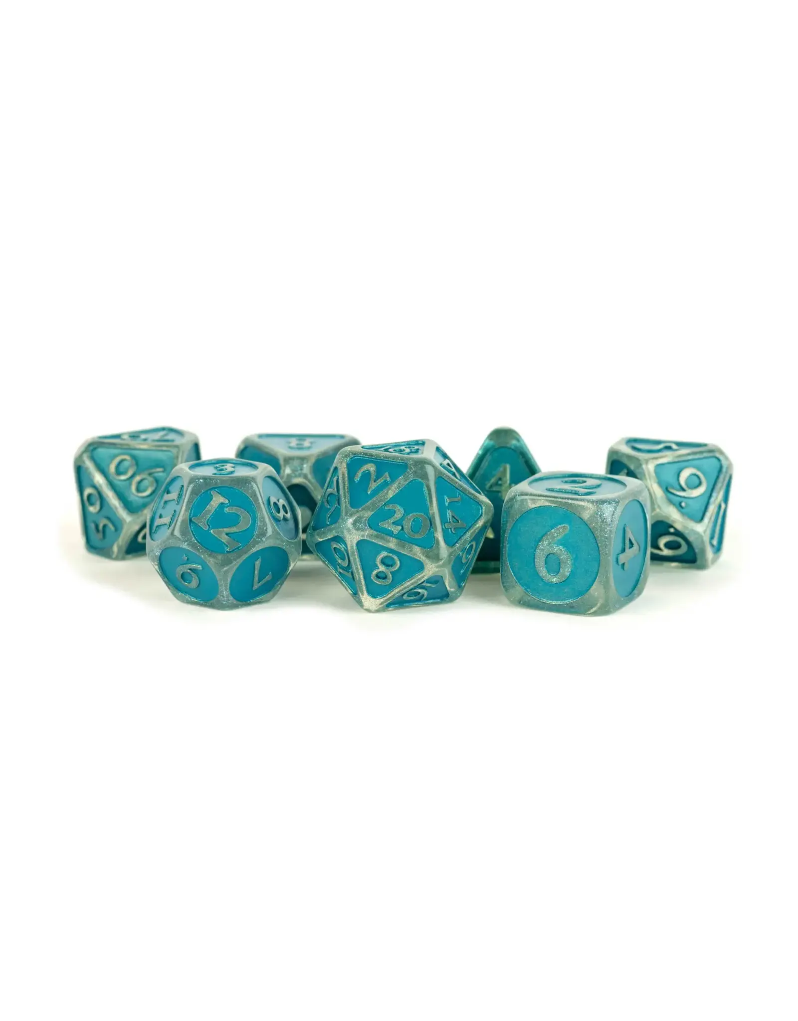 Dice: 7pc: 16 mm: Acrylic: Ice with Blue Enamel