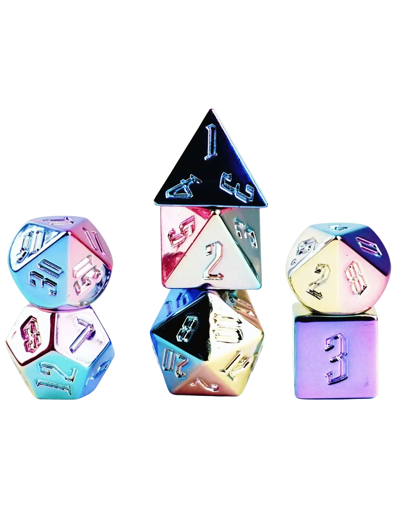 Dice: 7pc: 16 mm: Aluminum Plated Acrylic: Rainbow Aegis Uninked