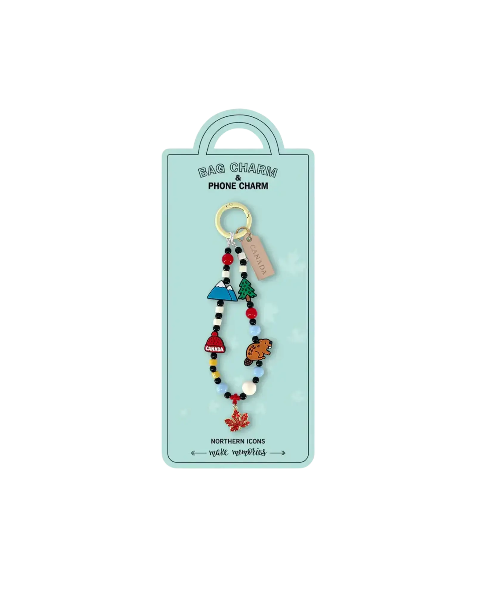 Maple Mountain Day Bag Charm – Canada Nature Beaded Charm with Maple Leaf, Wildlife Icons