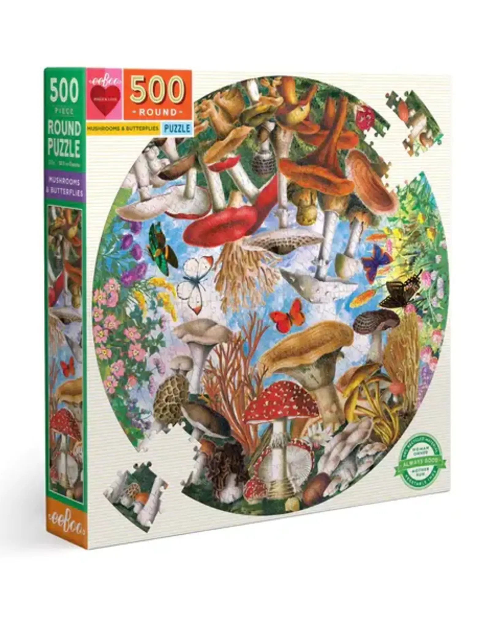 eeBoo 500pc Puzzle: Mushrooms & Butterfly Round