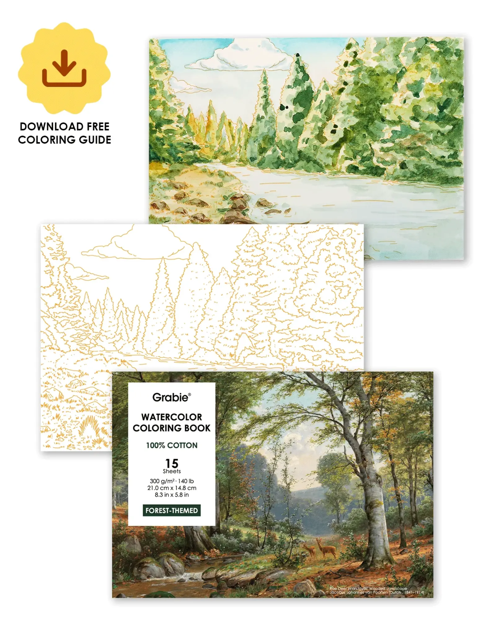 Grabie 15 Sheets 140LB Forest-Themed  Watercolor Coloring