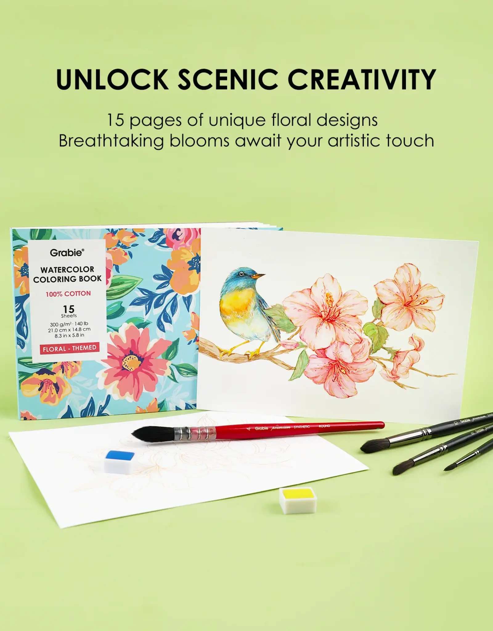 Grabie 15 Sheets 140LB Floral-Themed  Watercolor Coloring