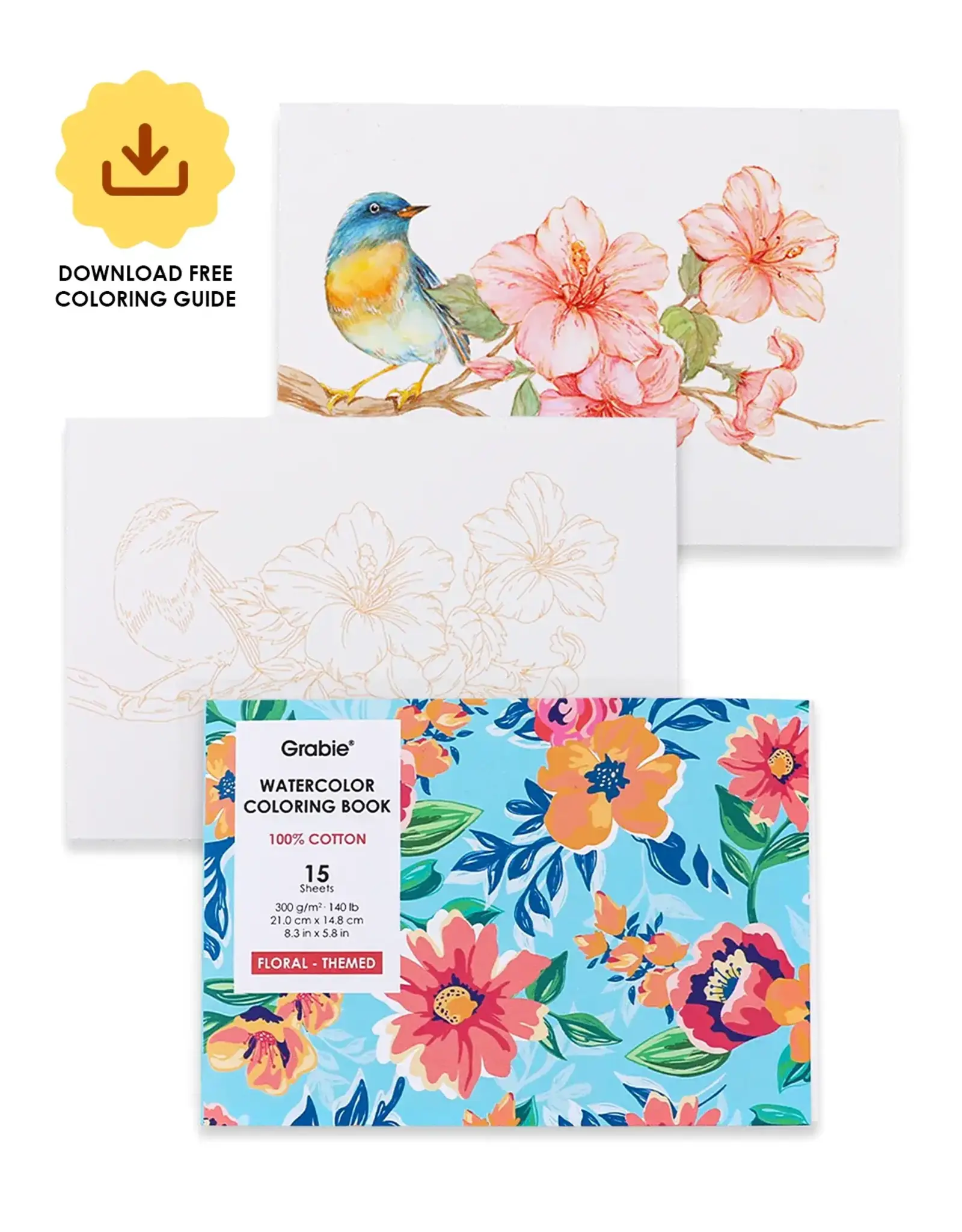 Grabie 15 Sheets 140LB Floral-Themed  Watercolor Coloring