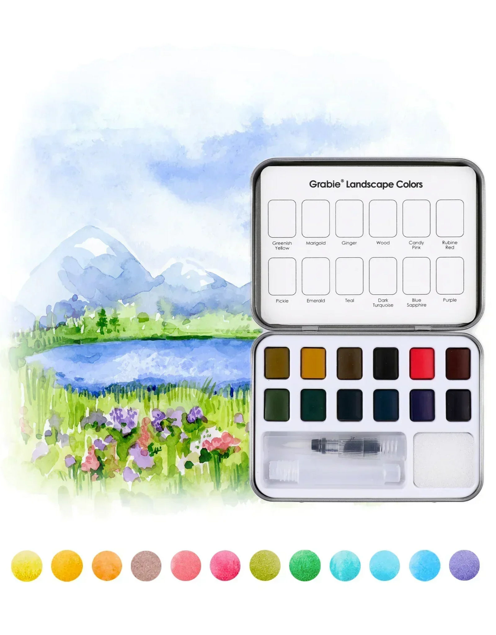 Grabie Watercolor Pocket Set of 12 with Brush: Landscape Colors