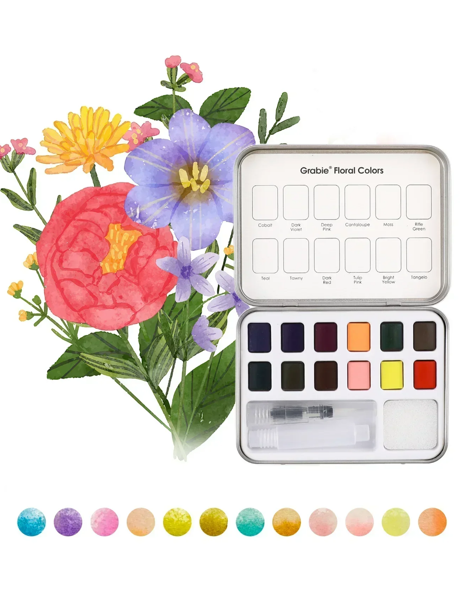 Grabie Watercolor Pocket Set of 12 with Brush: Floral Colors