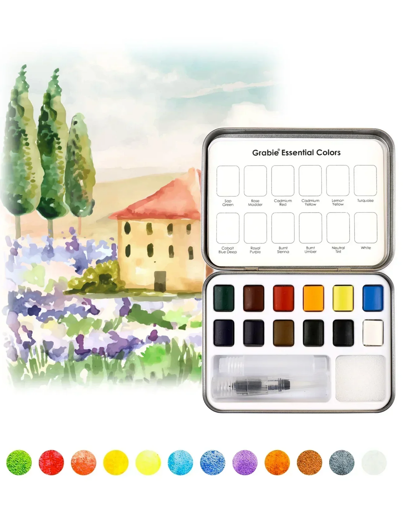 Grabie Watercolor Pocket Set of 12 with Brush: Essential Colors